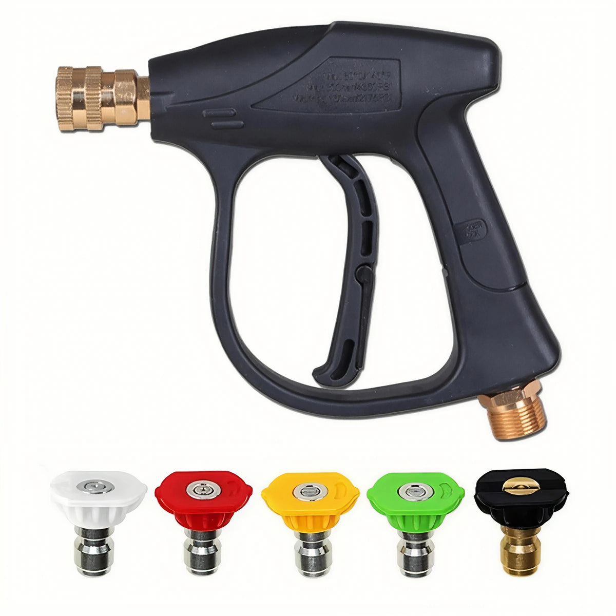 A black high pressure washer gun with five quick-connect nozzles in various colors.