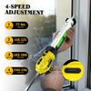 A hand is operating a yellow cordless electric caulking gun demonstrating four speed adjustments for caulk application.
