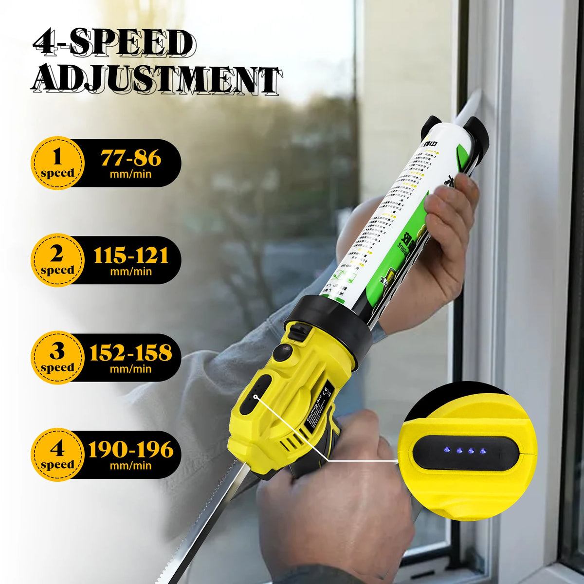 A hand is operating a yellow cordless electric caulking gun demonstrating four speed adjustments for caulk application.