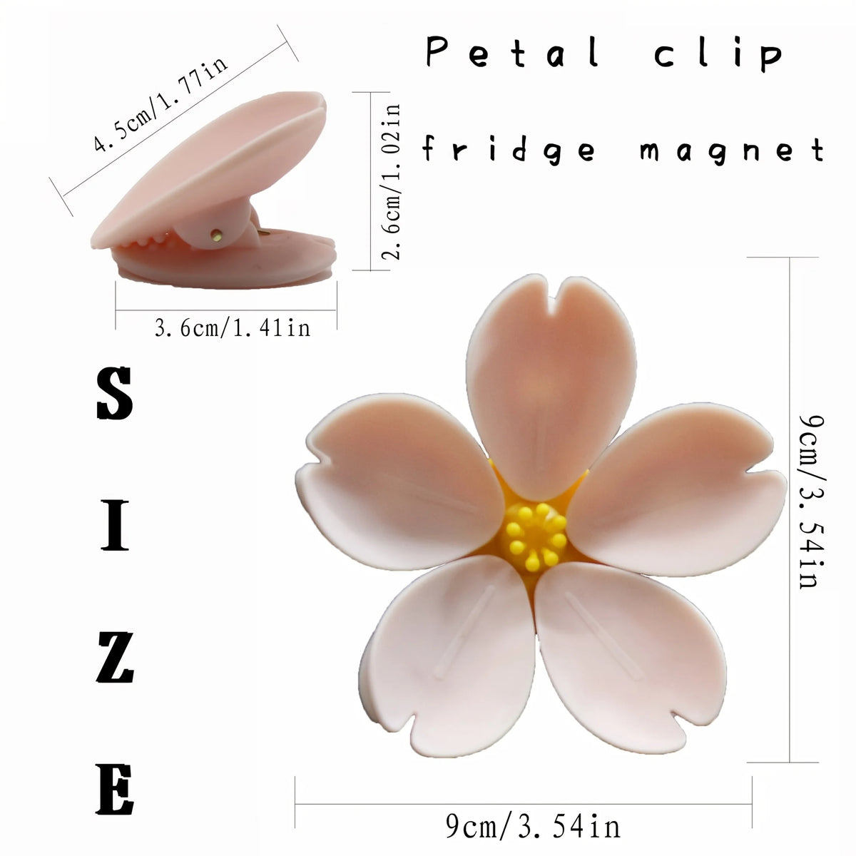 A pink sakura flower magnetic bag sealer clip with a petal clip and fridge magnet attachment.