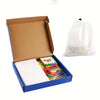 A cardboard box containing a 155-piece wooden jigsaw puzzle set and a white plastic bag.