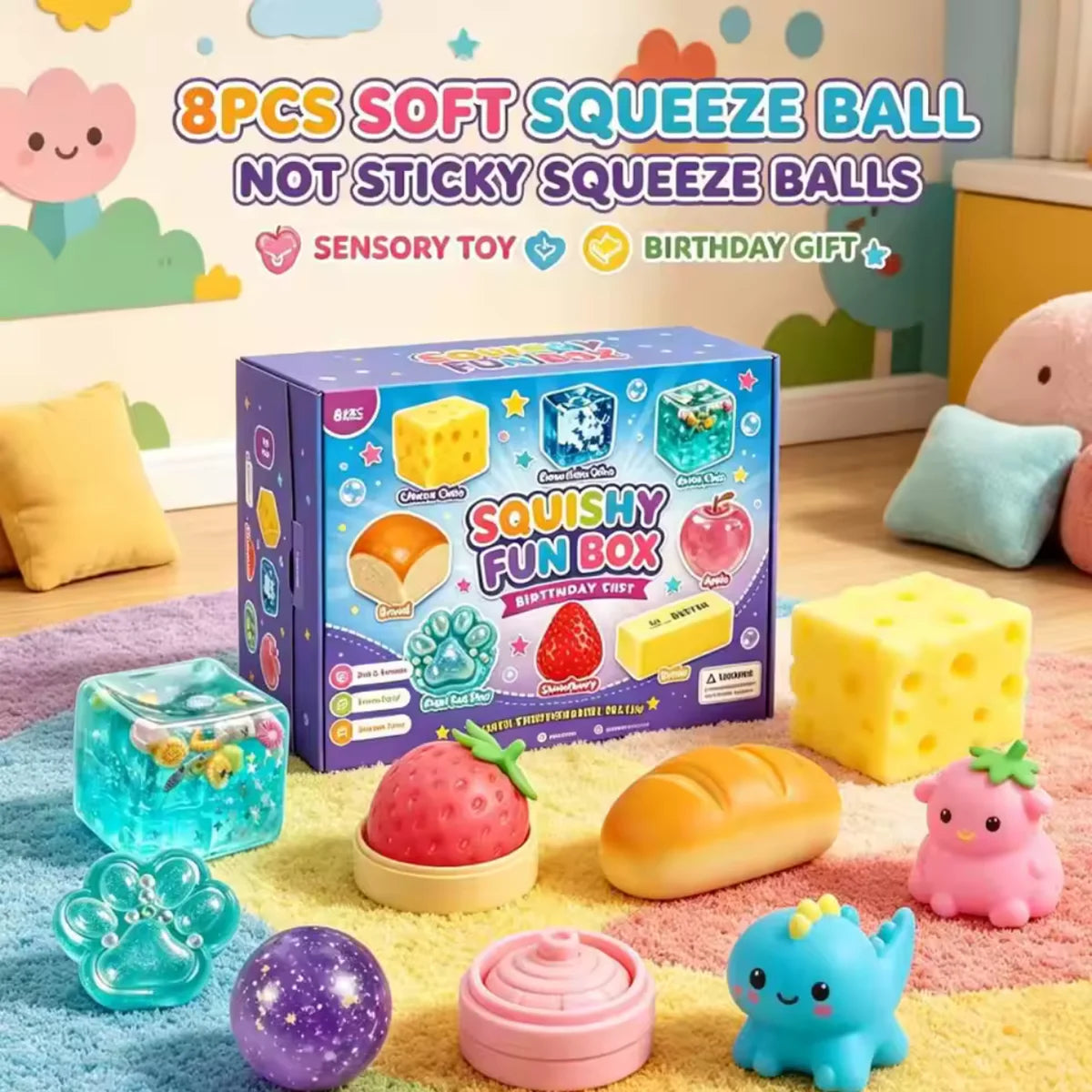 Eine Box mit 8 weichen Knetballen und verschiedenen Squishy-Spielzeugen, darunter eine rosa Erdbeere und eine lila Kugel