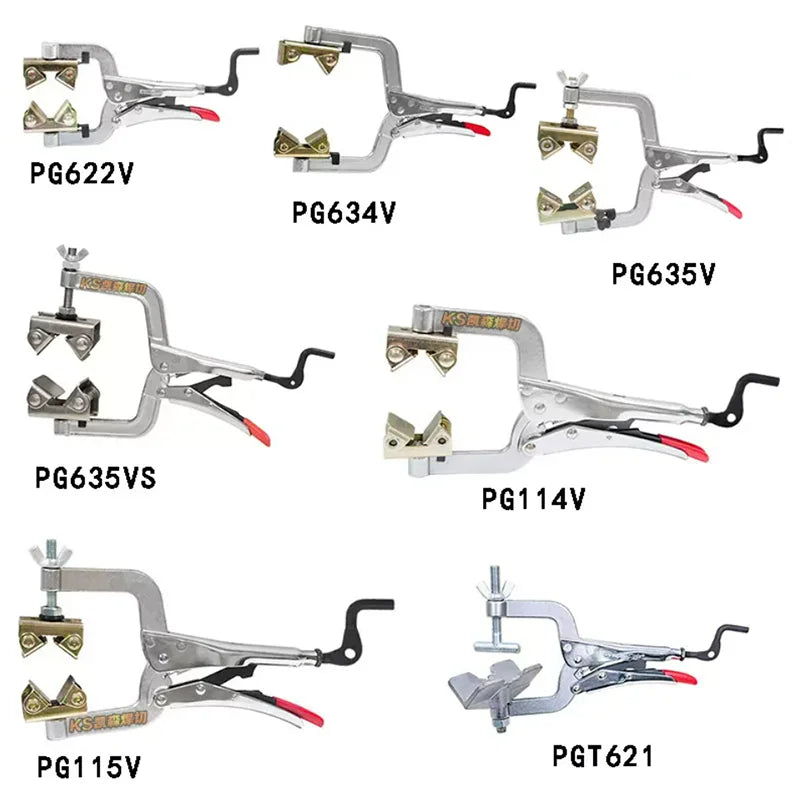A collection of heavy-duty welding pipe clamp pliers models including PG622V, PG634V, PG635V, PG635VS, PG114V, PG115V, and PG
