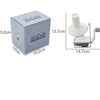 A compact hand-operated yarn ball winder box and device with dimensions provided.