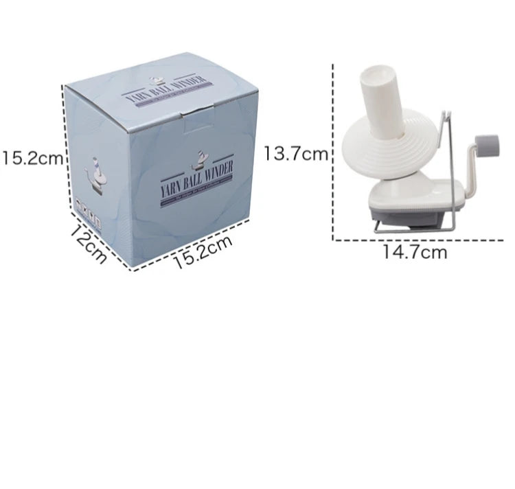 A compact hand-operated yarn ball winder box and device with dimensions provided.