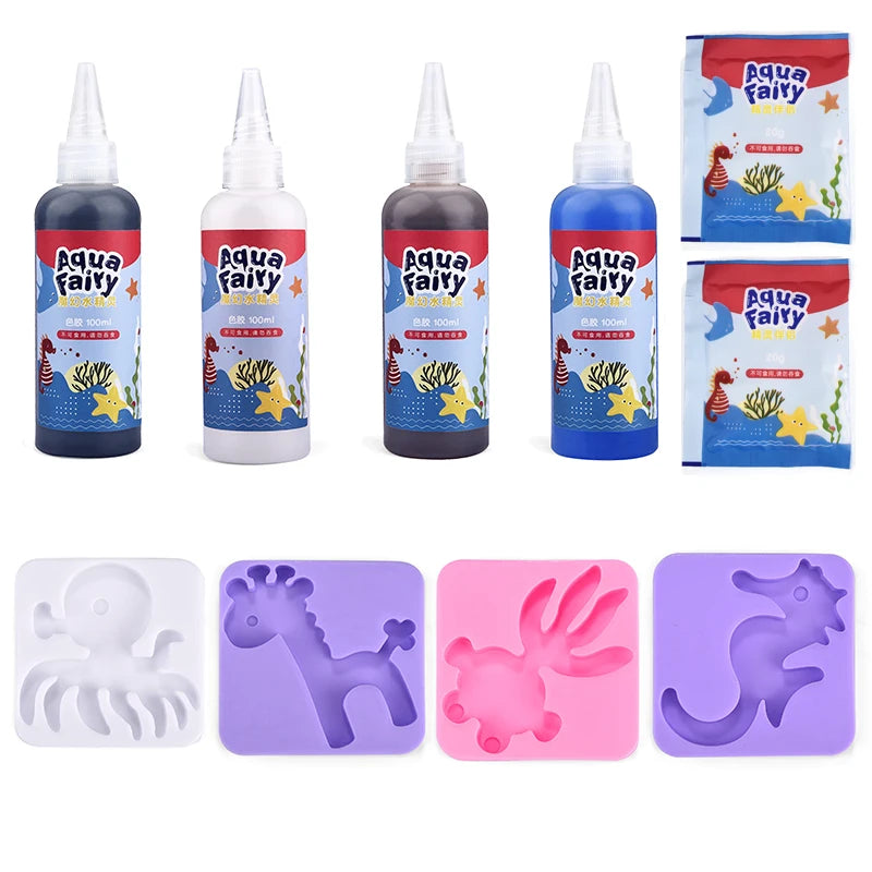 A set of DIY 3D water elf craft kits featuring various colored bottles and silicone molds for kids