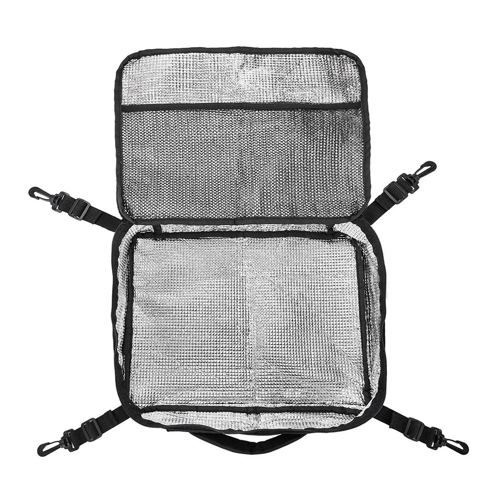 A clear mesh deck bag for a paddle board with black straps and cooler lining.