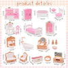 A set of pink dollhouse furniture including a bed, cabinet, chair, and vanity for pretend play.