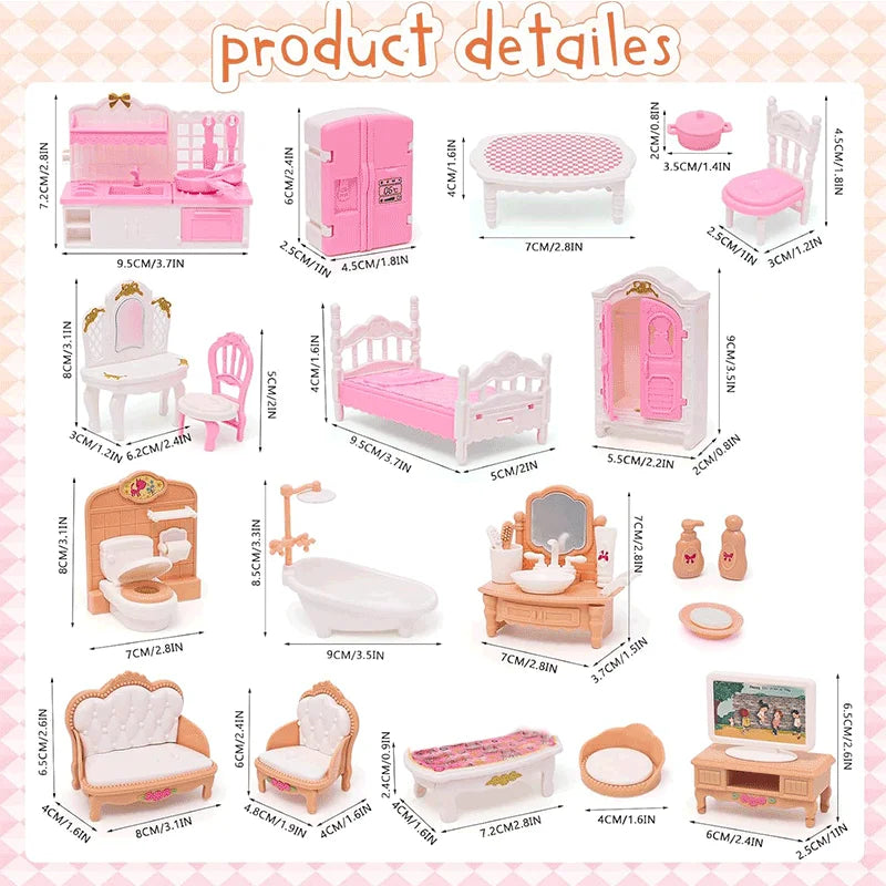 A set of pink dollhouse furniture including a bed, cabinet, chair, and vanity for pretend play.