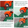 Orange rotary cutter handle designed for better support and comfort, shown with leather, paper, cotton material, and plastic.