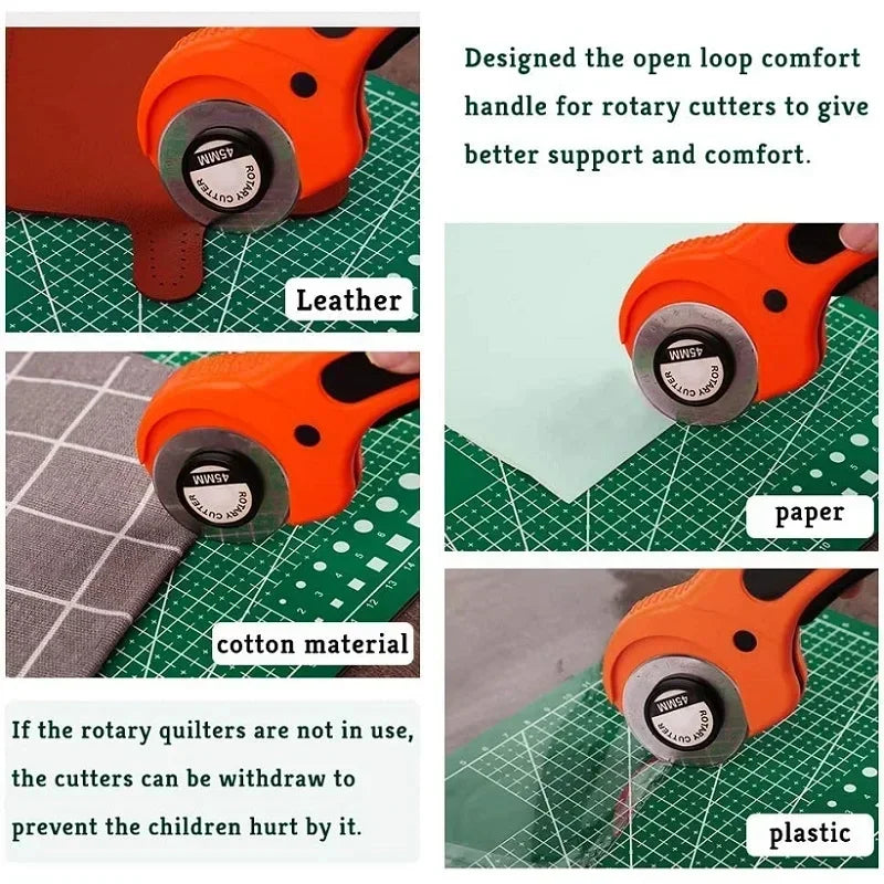 Orange rotary cutter handle designed for better support and comfort, shown with leather, paper, cotton material, and plastic.