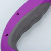 Close-up view of a purple ergonomic grocery bag carrier with a gray, soft-grip handle.