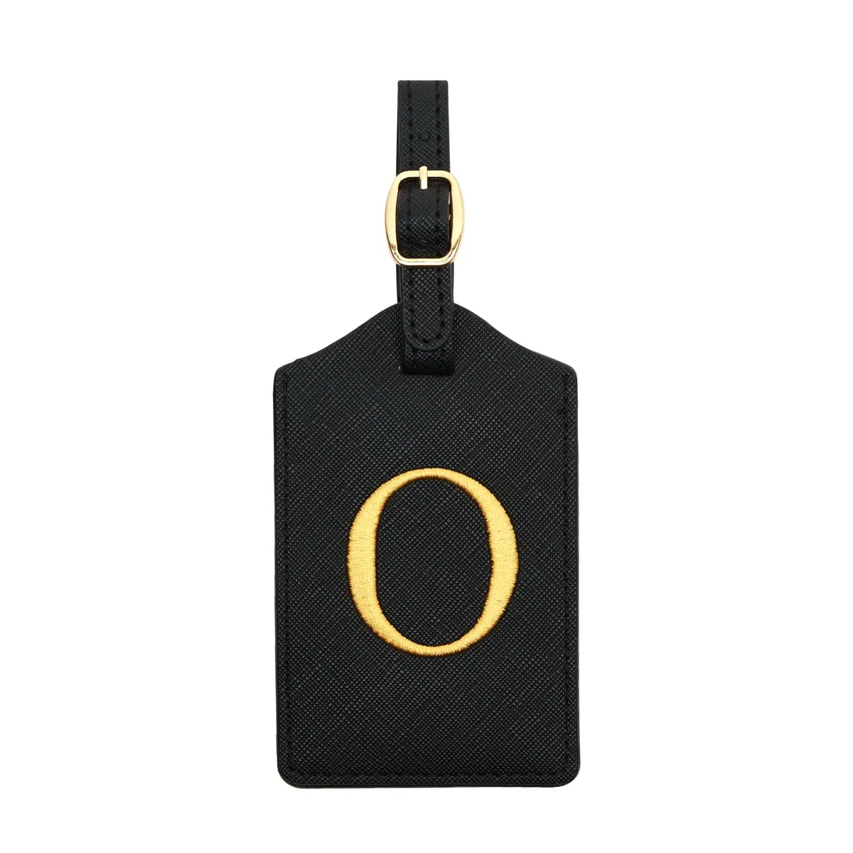 Black PU leather luggage tag with a gold letter O and a black strap.