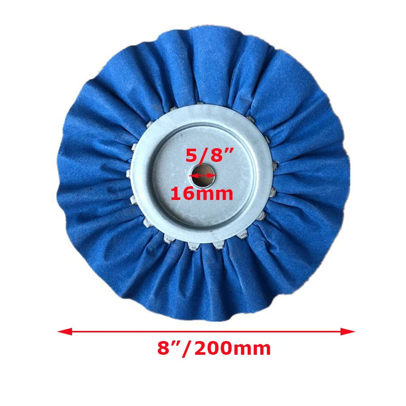 Blue 8-inch airway buffing wheel with a central metal hub and measurement markings.