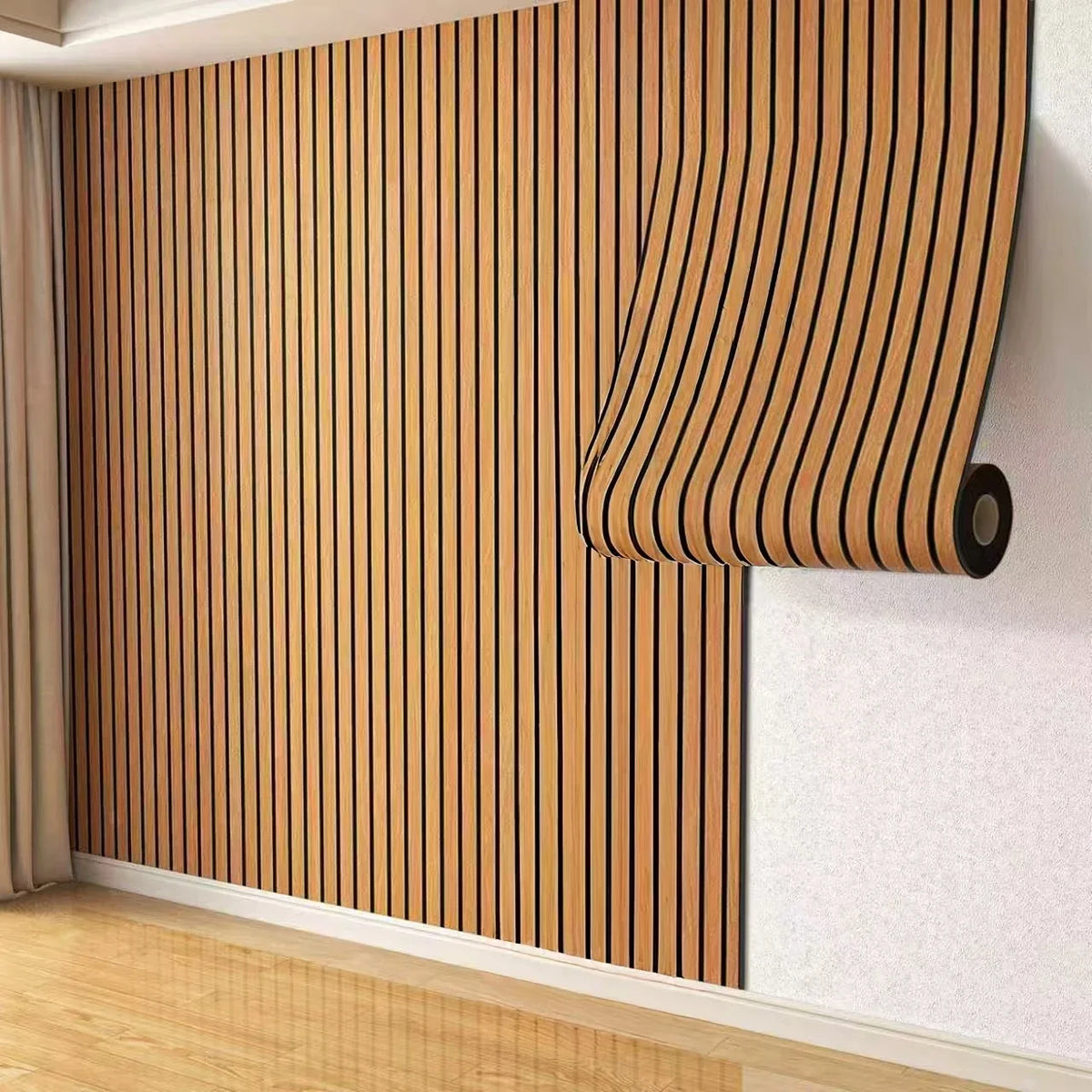 Vertical wood grain wall panels installed on a white wall, showing natural wood tones and vertical slats.
