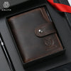A dark brown genuine leather wallet with a fold-over design and a coin pocket is shown in a black presentation box.