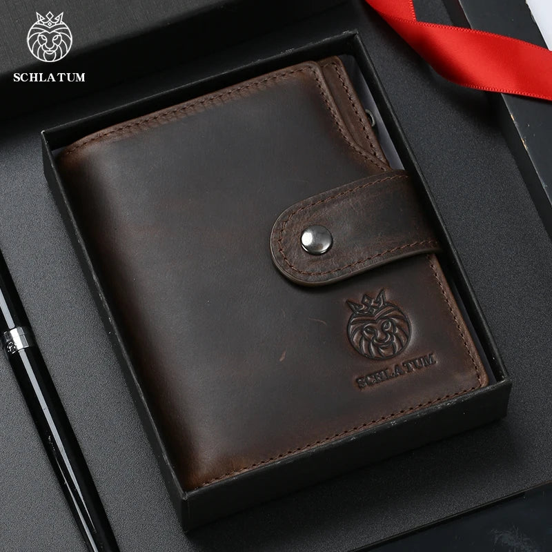 A dark brown genuine leather wallet with a fold-over design and a coin pocket is shown in a black presentation box.