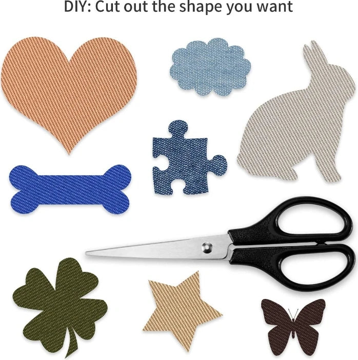 A collection of various fabric patches including a heart, a silhouette of a rabbit, and a maple leaf.