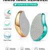 A gold and teal nano glass hair remover device shown with features like painless use, gentle on skin, easy cleaning, exfoliat