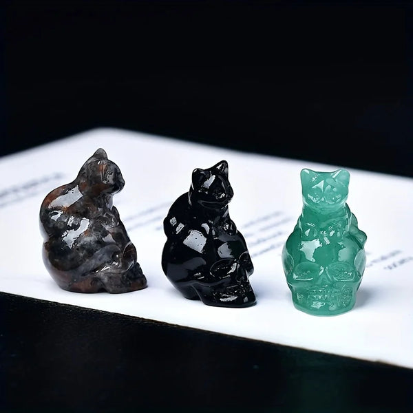 Hand-Carved Crystal Cat Skull Figurine