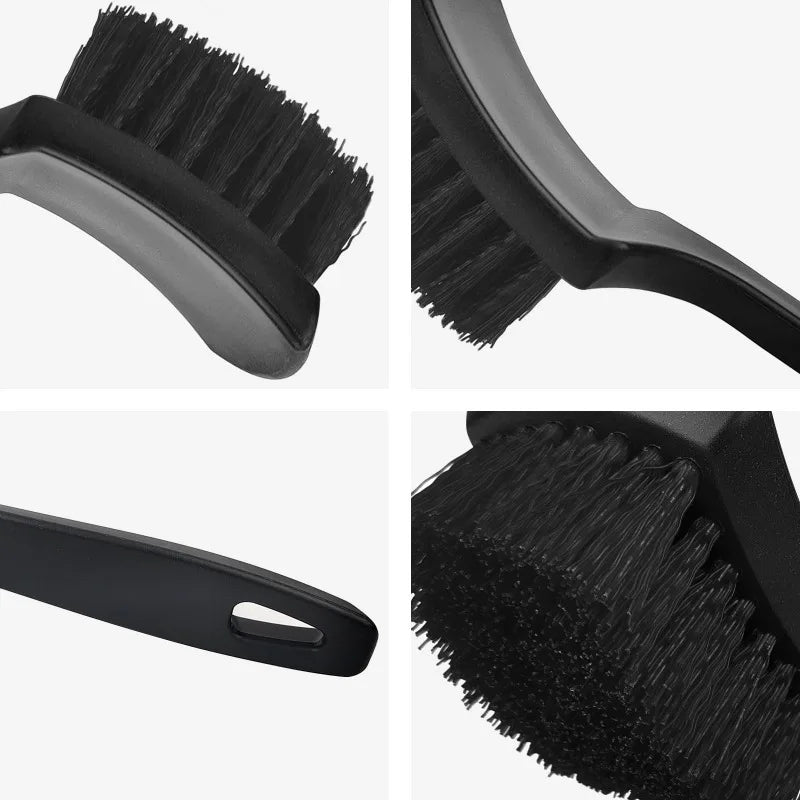 A set of black heavy-duty tire and wheel cleaning brushes shown from various angles.