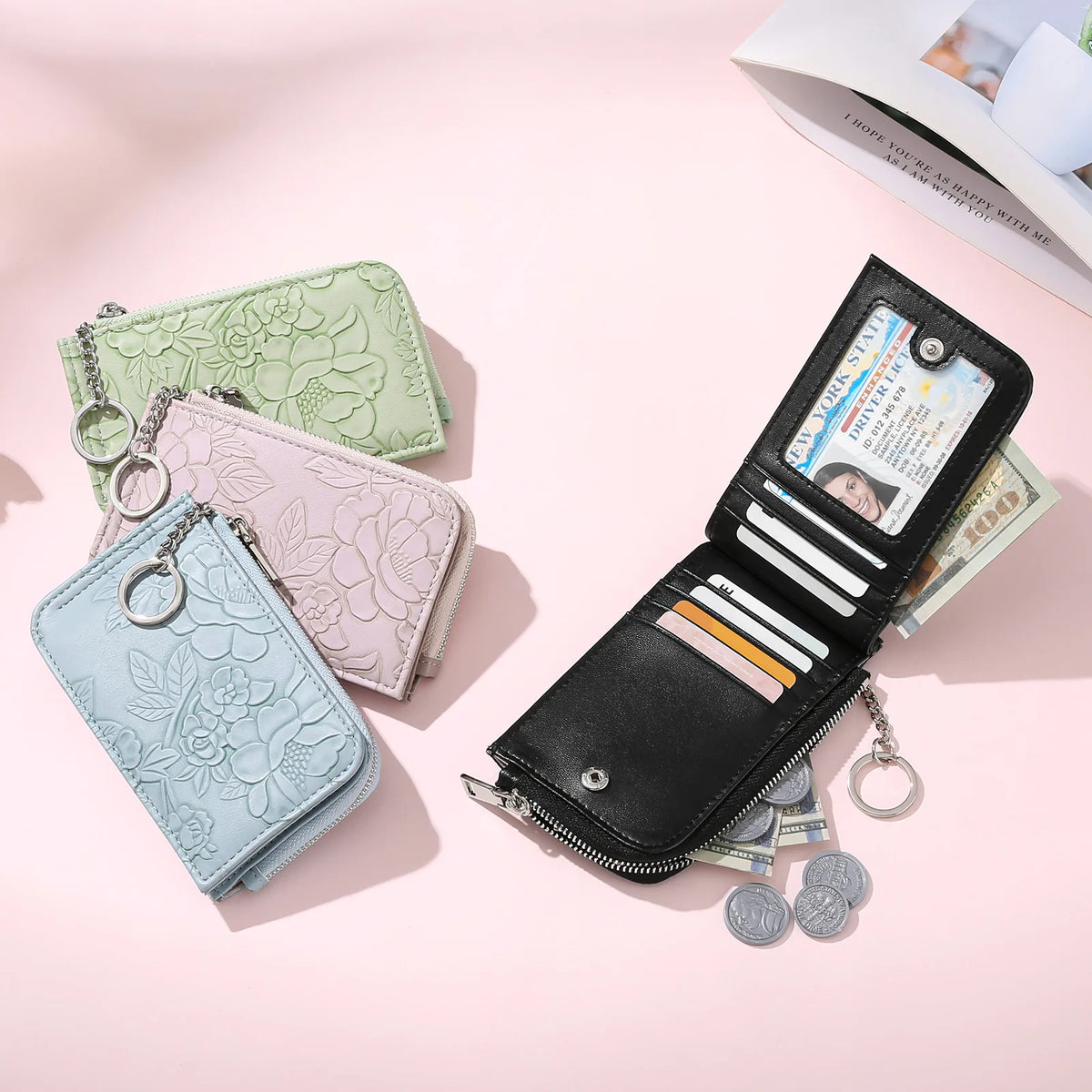 Embossed Zip Coin Purse with Key Ring and Card Slots