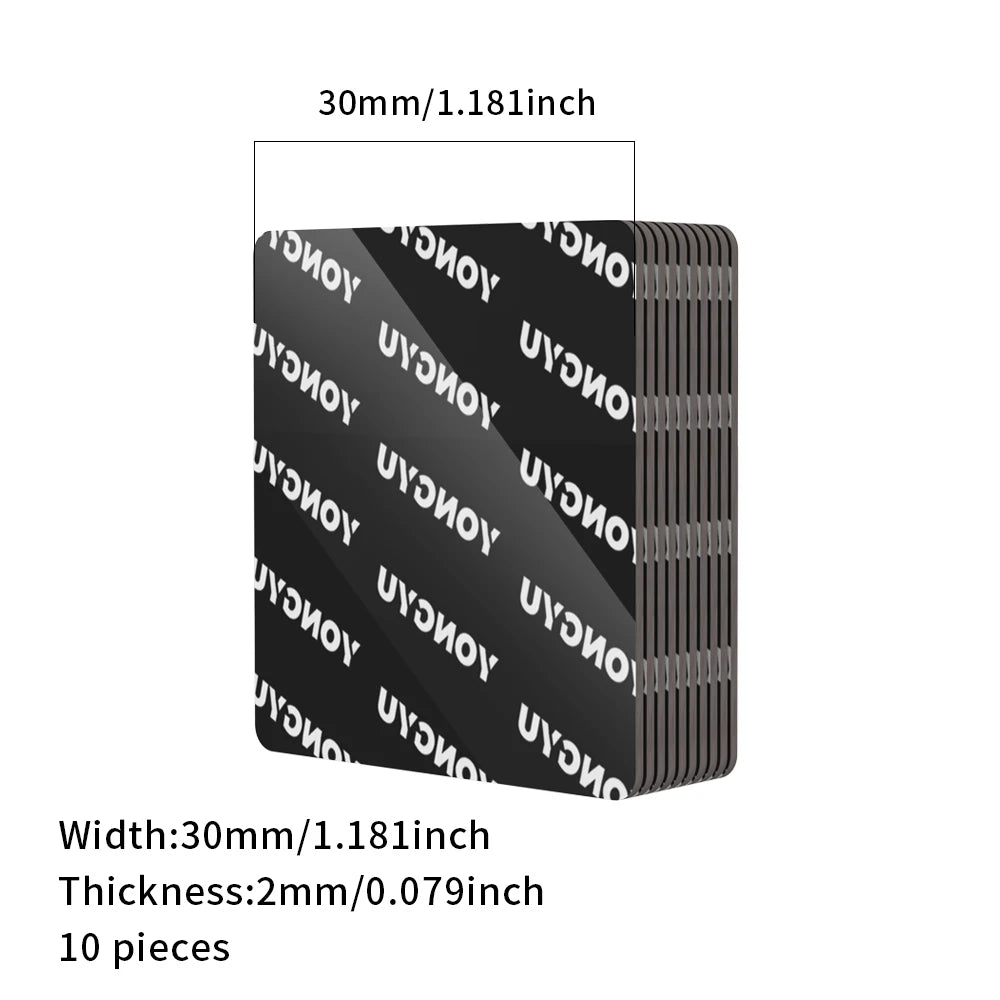 A stack of ten black heavy-duty double-sided adhesive pads, 30mm wide and 2mm thick.