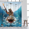 Cat Riding Dinosaur Shower Curtain with Ocean Wave Design