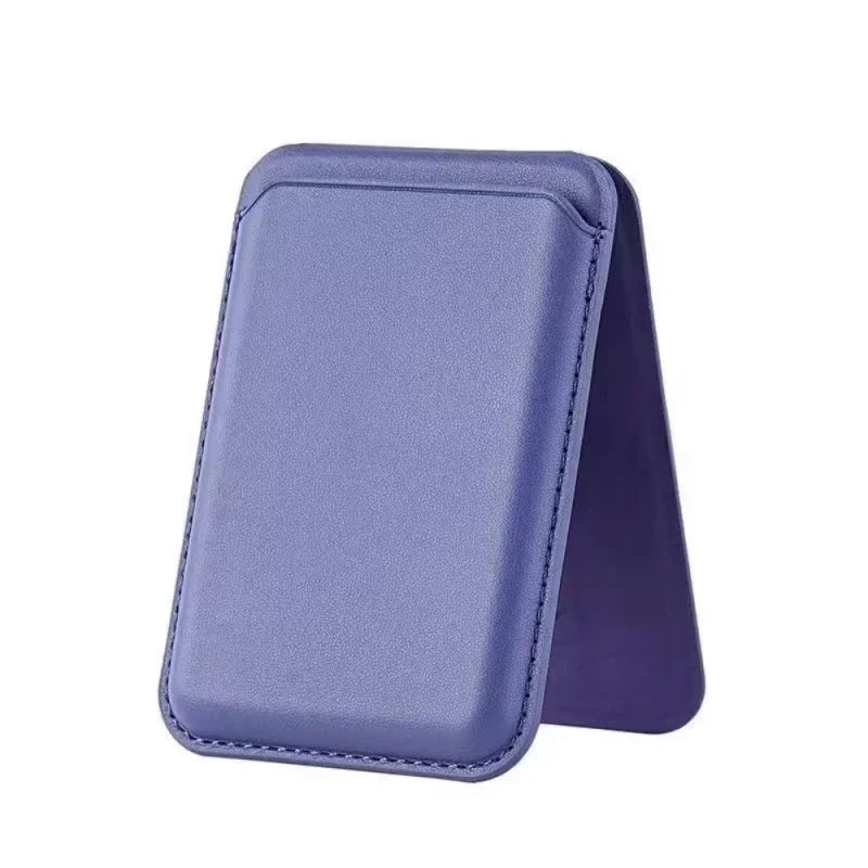 A purple magnetic leather wallet case with a kickstand for an iPhone.