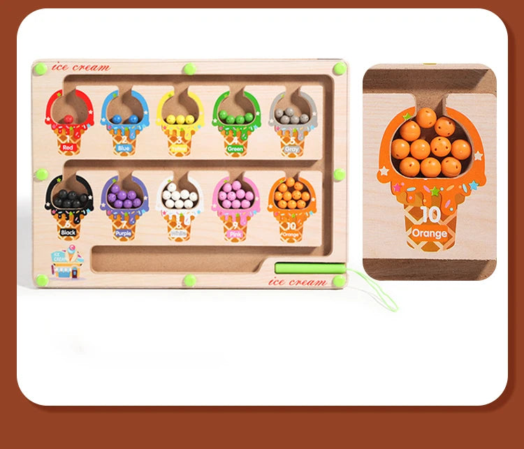 Wooden magnetic color sorting maze board with ice cream shaped compartments for kids