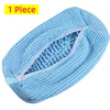 Light blue shoe washing machine bag with a zippered opening and soft bristled cleaning brush inside