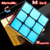 A metallic blue 3x3 cube with a mirror finish and magnetic features shown against a dark background.