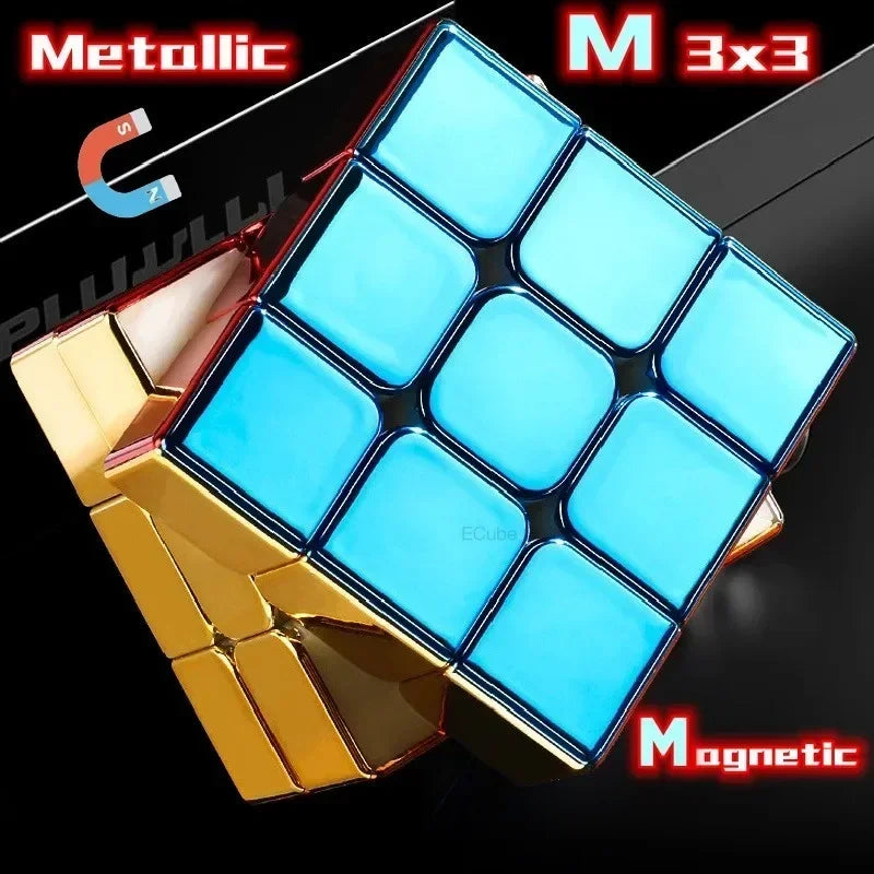 A metallic blue 3x3 cube with a mirror finish and magnetic features shown against a dark background.