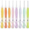An array of eight ergonomic crochet hooks in various pastel colors and sizes ranging from 2.5mm to 6mm.