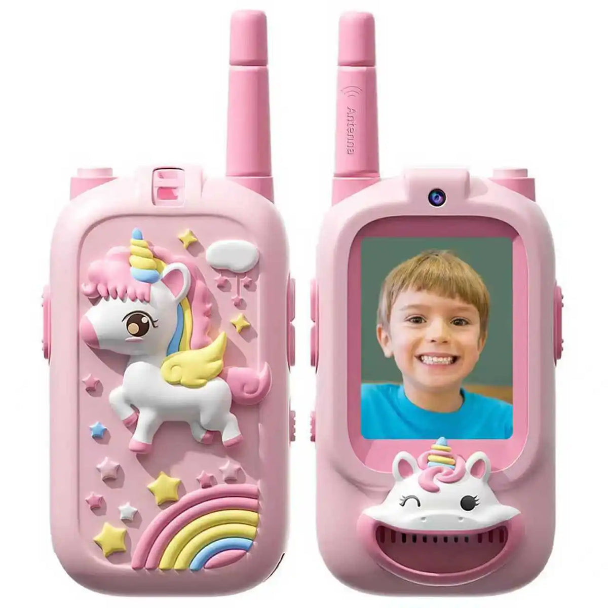A pink kids video walkie talkie set with a unicorn design and an HD camera.