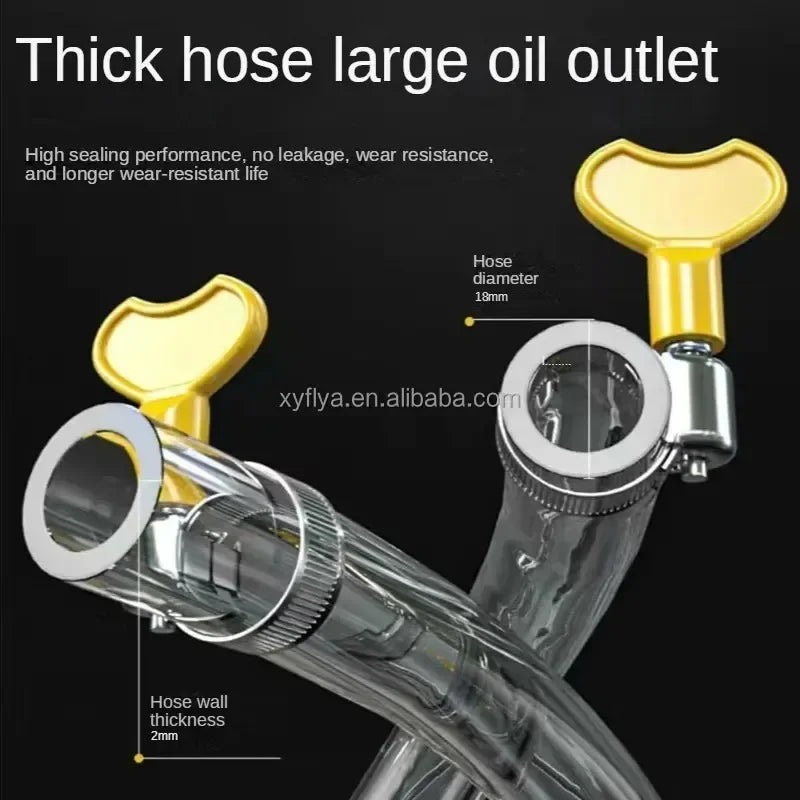 A close-up view of a thick hose large oil outlet with a yellow fitting and clear tubing.