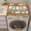 A retro laundry room washer and dryer top cover with non-slip protection displaying various fabric items.