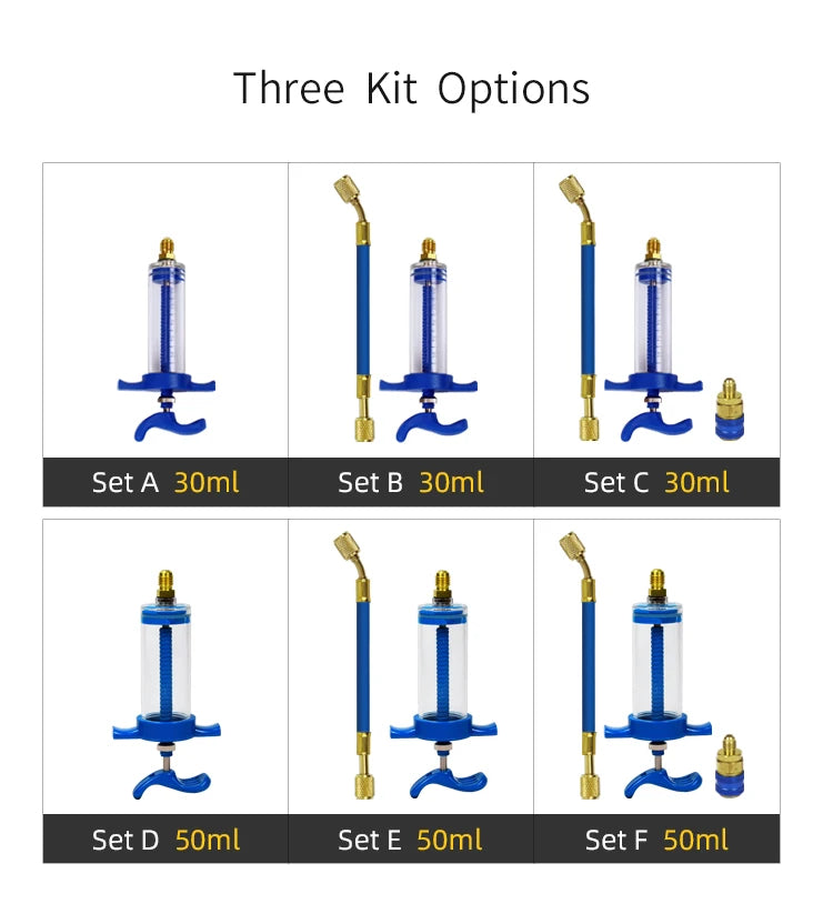 Three kit options showing various sizes of air conditioning oil and dye injectors