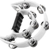A white half-moon tambourine with double rows of metal jingles shown from above.
