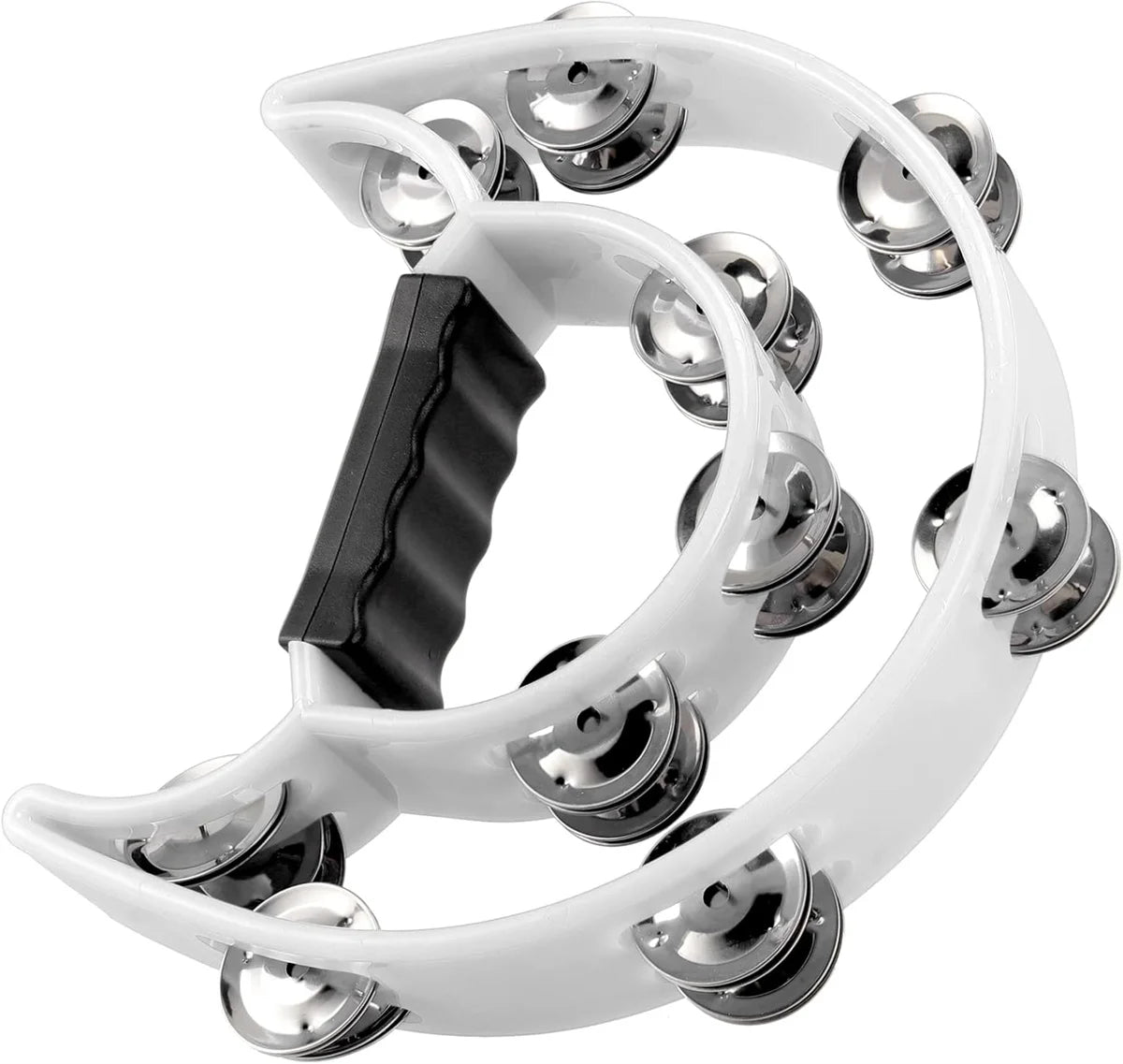 A white half-moon tambourine with double rows of metal jingles shown from above.