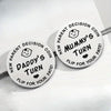 Two double-sided decision coins for new parents featuring funny messages like Daddy's Turn and Mummy's Turn