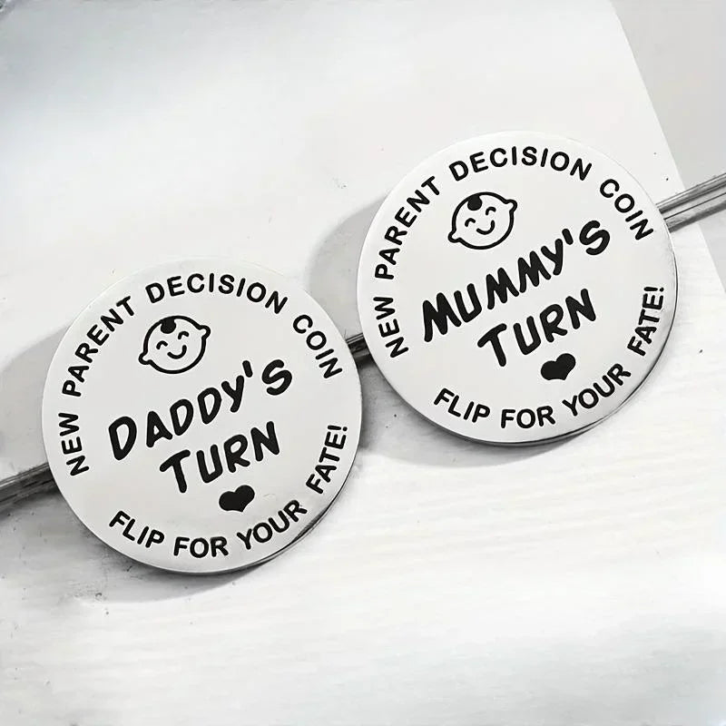 Two double-sided decision coins for new parents featuring funny messages like Daddy's Turn and Mummy's Turn