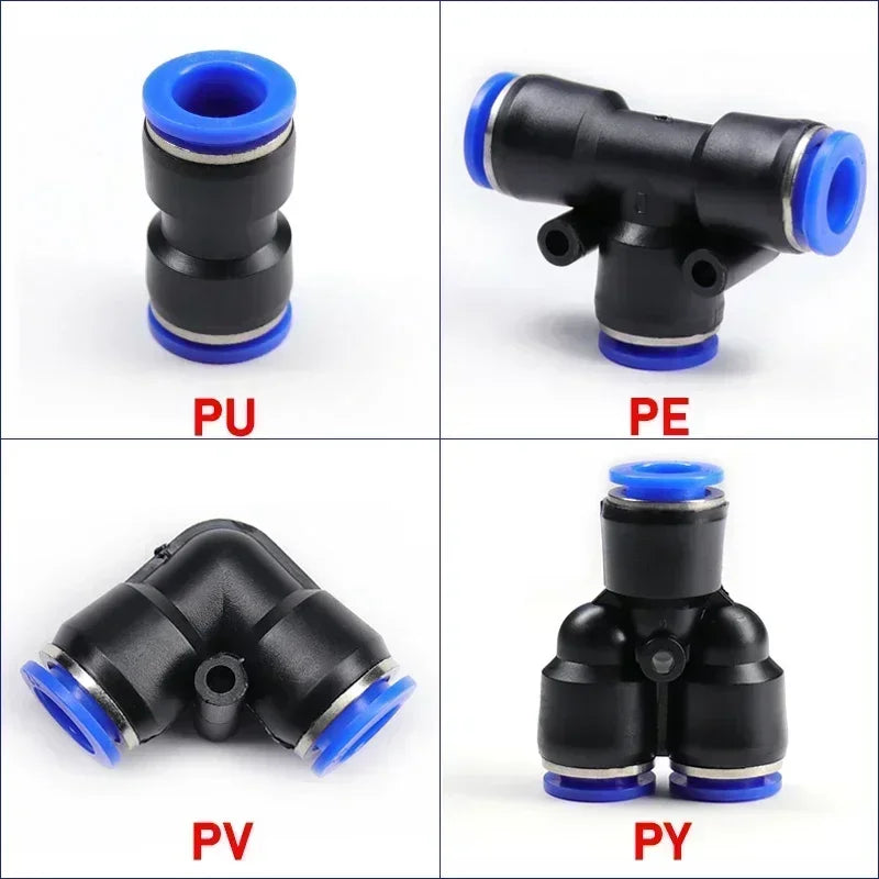 Four pneumatic quick push-in fittings shown in different materials: PU, PE, PV, and PY.