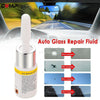A bottle of Auto Glass Repair Fluid kit with various glass repair pads shown in a car interior context.