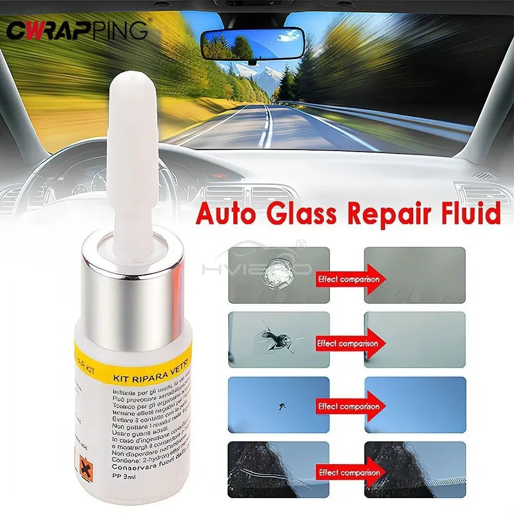 A bottle of Auto Glass Repair Fluid kit with various glass repair pads shown in a car interior context.