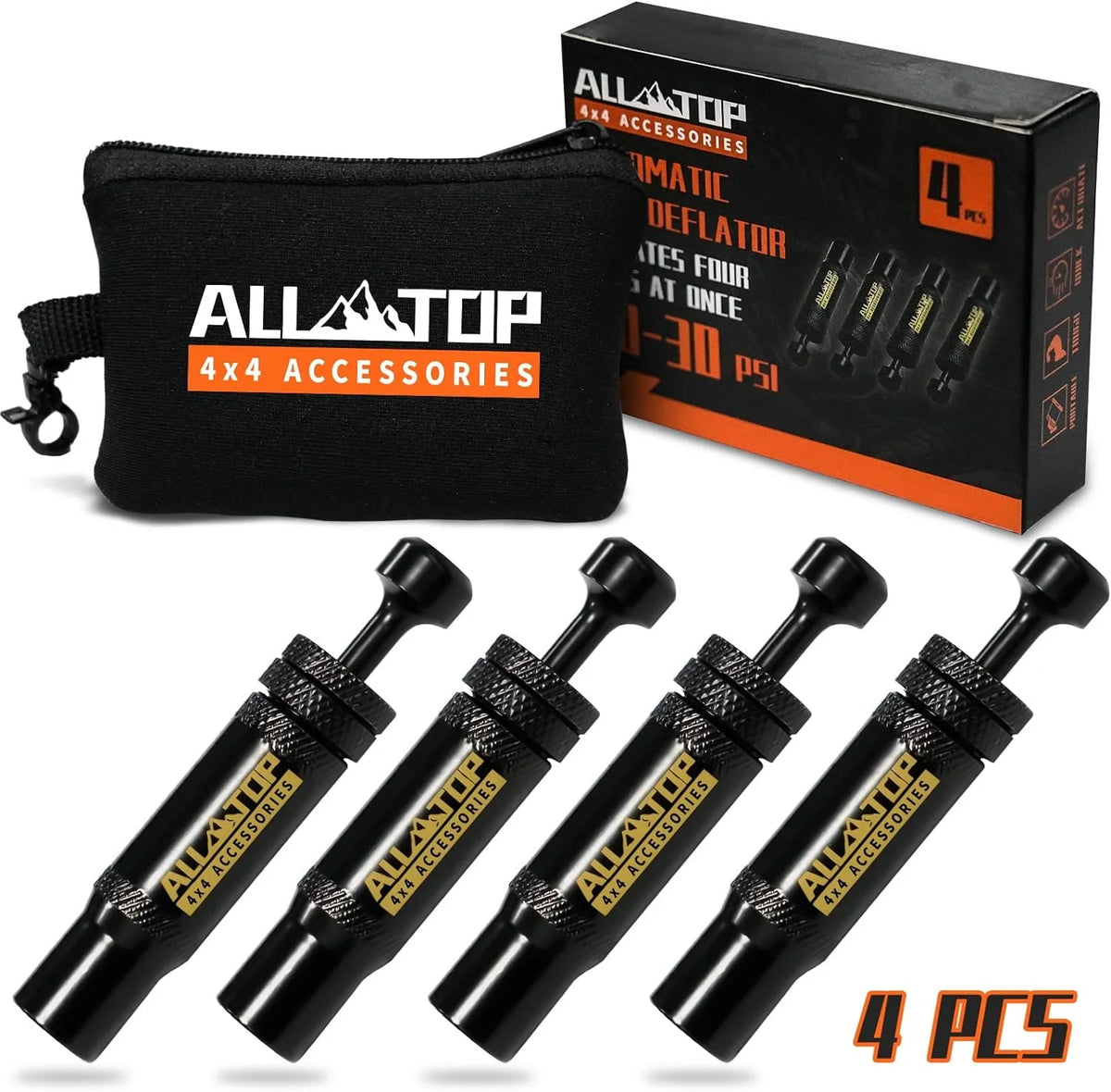 A set of four Allatop automatic deflators for tires, packaged in a box and shown individually.