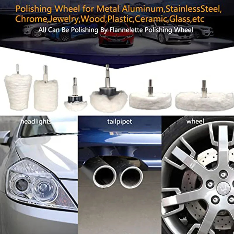 Cotton buffing and polishing wheels for drill with a 6.35mm shank shown alongside various automotive parts.