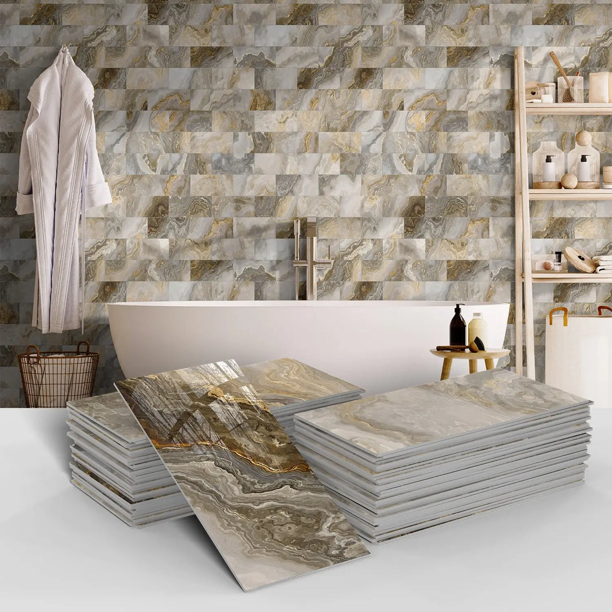 Stacks of marble self-adhesive wall stickers in various shades and patterns displayed against a textured gray wall.