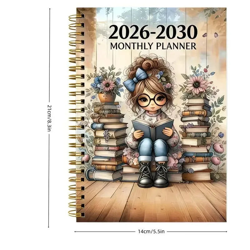 5-Year Monthly Planner with Reading-Themed Cover, Lay-Flat Spiral Binding
