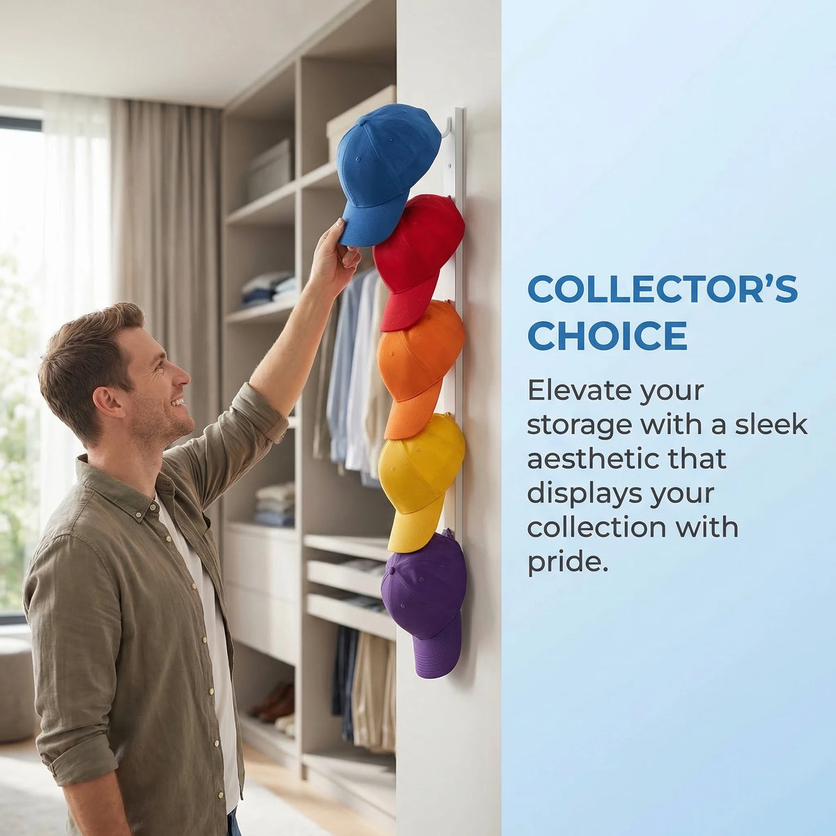 Wall-Mounted Baseball Cap Organizer for Up to 9 Hats